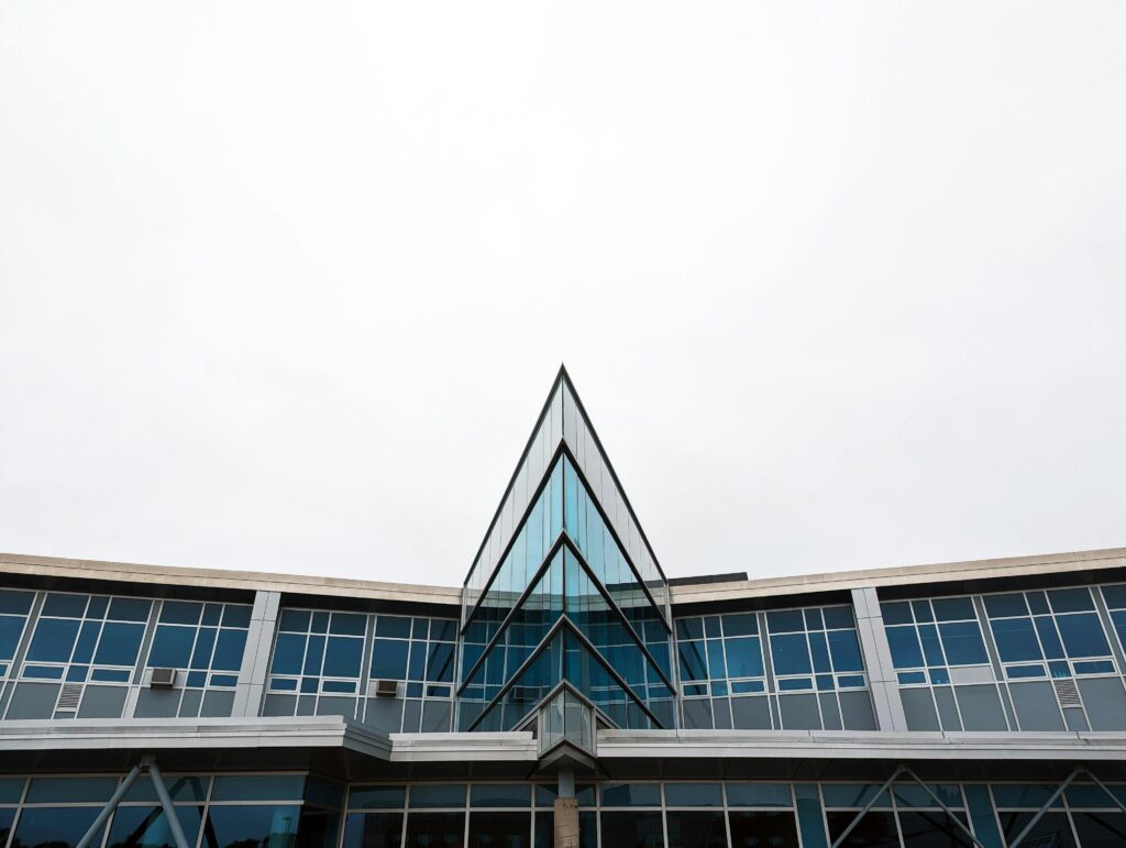Contemporary architecture of Forrester Hall with glass facade in Truro, NS, Canada.